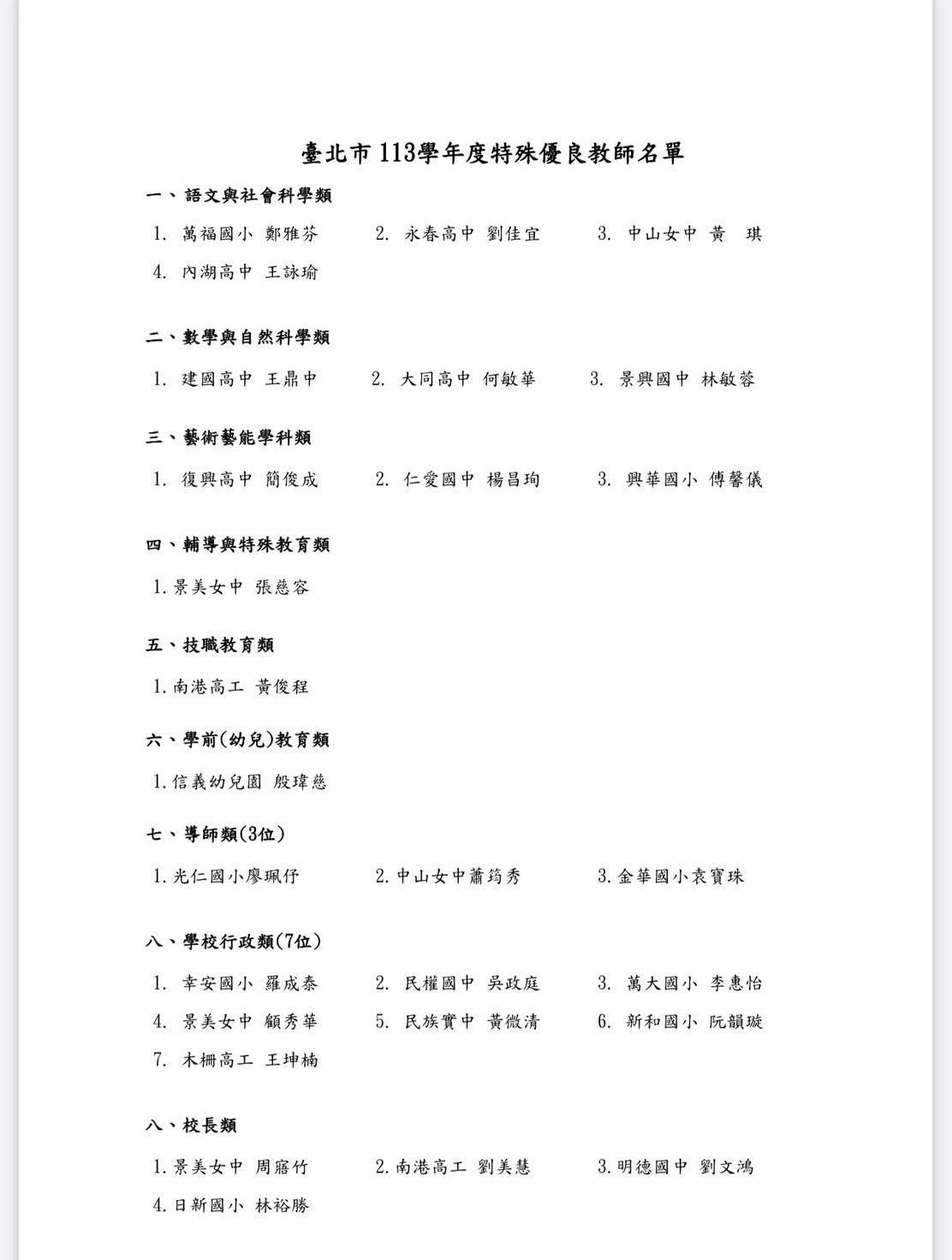 特殊優良教師名單